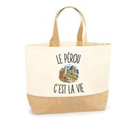 Planetee Sac Le Pérou c’est la vie | Cabas en Coton avec Fond Jute 18 L 48 × 37 × 13 cm | Marché Shopping Plage Courses | Cadeau Voyageur Voyageuse Femme Anniversaire Noël