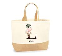Planetee Sac Léna Lettre Fleur | Cabas de Plage Courses Coton et Toile de Jute Idée Cadeau Femme