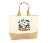 Planetee Sac Les mots croisés c'est ma thérapie | Cabas en Coton avec Fond Jute 18 L 34 × 33 × 13 cm | Marché Shopping Plage Courses | Cadeau Femme Anniversaire Noël