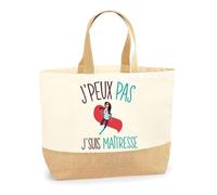 Planetee Sac Maîtresse J'peux pas | Cabas de Plage Courses Coton et Toile de Jute Idée Cadeau