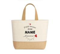 Planetee Sac Mamie d’Amour - Grand Cabas en Toile de Jute et Coton pour Courses, Marché ou Plage - Idée Cadeau Originale pour la Fête des Grands-Mères, Anniversaire ou Noël