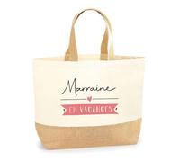 Planetee Sac Marraine en Vacances | Cabas de Plage Courses Coton et Toile de Jute Idée Cadeau Femme