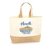 Planetee Sac Marseille, toujours une bonne idée | Cabas en Coton avec Fond Jute 18 L 48 × 37 × 13 cm | Marché Shopping Plage Courses | Cadeau Marseillais Marseillaise Femme Anniversaire Noël