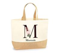 Planetee Sac Mauricette Lettre Fleur | Cabas de Plage Courses Coton et Toile de Jute Idée Cadeau Femme
