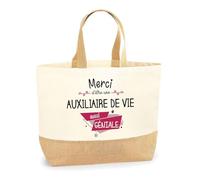Planetee Sac Merci Auxiliaire de Vie Géniale | Cabas de Plage Courses Coton et Toile de Jute Idée Cadeau Femme