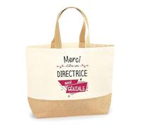 Planetee Sac Merci Directrice Géniale | Cabas de Plage Courses Coton et Toile de Jute Idée Cadeau Femme