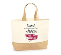 Planetee Sac Merci Médecin Géniale | Cabas de Plage Courses Coton et Toile de Jute Idée Cadeau Femme