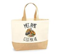 Planetee Sac Mes amis c'est ma vie | Cabas en Coton avec Fond Jute 18 L 48 × 37 × 13 cm | Marché Shopping Plage Courses | Cadeau Meilleur Ami Meilleure Amie Femme Anniversaire Noël