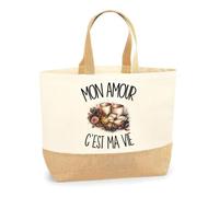 Planetee Sac Mon amour c'est ma vie | Cabas en Coton avec Fond Jute 18 L 48 × 37 × 13 cm | Marché Shopping Plage Courses | Cadeau Amoureux Amoureuse Femme Anniversaire Noël