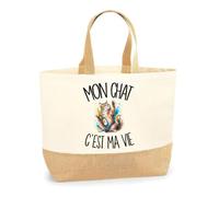 Planetee Sac Mon chat c'est ma vie | Cabas en Coton avec Fond Jute 18 L 48 × 37 × 13 cm | Marché Shopping Plage Courses | Cadeau Amoureux et Amoureuse des Félins Femme Anniversaire Noël