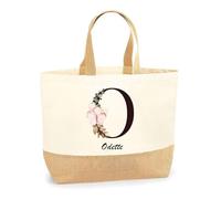 Planetee Sac Odette Lettre Fleur | Cabas de Plage Courses Coton et Toile de Jute Idée Cadeau Femme