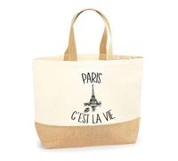 Planetee Sac paris c'est la vie | Cabas de Plage Courses Coton et Toile de Jute Idée Cadeau