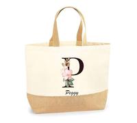 Planetee Sac Peggy Lettre Fleur | Cabas de Plage Courses Coton et Toile de Jute Idée Cadeau Femme
