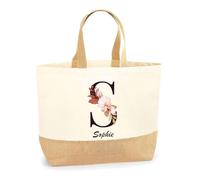 Planetee Sac Sophie Lettre Fleur | Cabas de Plage Courses Coton et Toile de Jute Idée Cadeau Femme