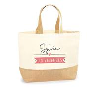 Planetee Sac Sylvie en Vacances | Cabas de Plage Courses Coton et Toile de Jute Idée Cadeau Femme