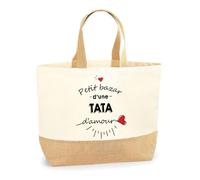 Planetee Sac Tata d'Amour | Cabas de Plage Courses Coton et Toile de Jute Idée Cadeau Femme