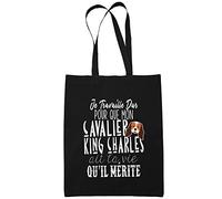 Planetee Sac Tote Bag Cavalier King Charles Je travaille dur Noir | Sac caban en toile coton idée cadeau anniversaire
