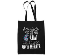 Planetee Sac Tote Bag Chat Je travaille dur Noir | Sac caban en toile coton idée cadeau anniversaire