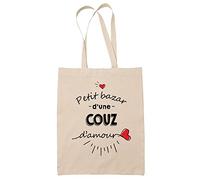 Planetee Sac Tote Bag Petit Bazar d'une Couz d'amour | Idée Cadeau Famille Cousine Anniversaire Noël Sac Cabas Réutilisable