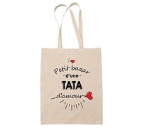 Planetee Sac Tote Bag Petit Bazar d'une Tata d'amour | Idée Cadeau Famille Tante Tata Anniversaire Noël Sac Cabas Réutilisable