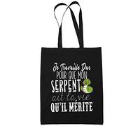 Planetee Sac Tote Bag Serpent Je travaille dur Noir | Sac caban en toile coton idée cadeau anniversaire