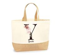 Planetee Sac Yvette Lettre Fleur | Cabas de Plage Courses Coton et Toile de Jute Idée Cadeau Femme