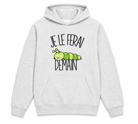 Planetee Sweat à Capuche Je Le Ferai Demain - Chenille | Hoodie en Molleton Gratté 280 g/m² Gris Chiné avec Poche Kangourou | Unisexe XS à 5XL | Cadeau Anniversaire | Humour Flemme Paresseux