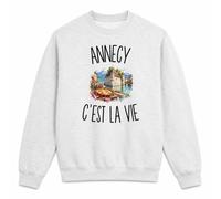 Planetee Sweat Gris Chiné Annecy c’est la Vie | Molleton Gratté 260 g/m² Col Rond Unisexe XS à 5XL | Pull Sweatshirt Hiver Quotidien | Cadeau Annécien Annécienne Homme Femme Anniversaire Noël