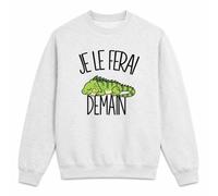 Planetee Sweat Gris Chiné Je Le Ferai Demain | Iguane | Molleton Gratté 260 g/m² Col Rond Unisexe XS à 5XL | Pull Sweatshirt Hiver Quotidien | Cadeau Homme Femme Noël | Humour Flemme Paresseux