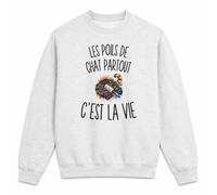 Planetee Sweat Gris Chiné Les Poils de Chat Partout c’est la Vie | Molleton Gratté 260 g/m² Col Rond Unisexe XS à 5XL | Pull Sweatshirt Hiver Quotidien | Cadeau Homme Femme Anniversaire Noël