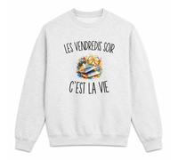 Planetee Sweat Gris Chiné Les Vendredis Soir c’est la Vie | Molleton Gratté 260 g/m² Col Rond Unisexe XS à 5XL | Pull Sweatshirt Hiver Quotidien | Cadeau Homme Femme Anniversaire Noël