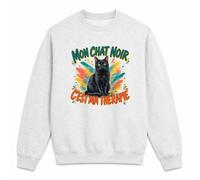 Planetee Sweat Gris Chiné Mon Chat Noir C'est ma thérapie | Molleton Gratté 260 g/m² Col Rond Unisexe Taille XXL | Pull Sweatshirt Hiver Quotidien | Cadeau Homme Femme Anniversaire Noël