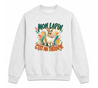 Planetee Sweat Gris Chiné Mon Lapin C'est ma thérapie | Molleton Gratté 260 g/m² Col Rond Unisexe Taille S | Pull Sweatshirt Hiver Quotidien | Cadeau Homme Femme Anniversaire Noël