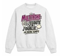 Planetee Sweat Gris Chiné Multitâche : j'écoute et j'oublie... en même Temps Humour Beauf et drôle | Molleton Gratté 260 g/m² Col Rond Unisexe XS à 3XL | Pull Sweatshirt Hiver Quotidien