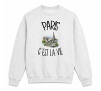 Planetee Sweat Gris Chiné Paris C'est la Vie | Molleton Gratté 260 g/m² Col Rond Unisexe XS à 5XL | Pull Sweatshirt Hiver Quotidien | Cadeau Parisien Parisienne Homme Femme Anniversaire Noël