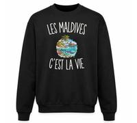 Planetee Sweat Noir Les Maldives c’est la Vie | Molleton Gratté 260 g/m² Col Rond Unisexe XS à 5XL | Pull Sweatshirt Hiver Quotidien | Cadeau Voyageur Voyageuse Homme Femme Anniversaire Noël
