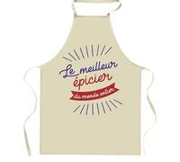 Planetee Tablier de cuisine épicier Meilleur du Monde entier | Cadeau Original Humour pour Cuisinier Vêtement Blouse de protection Barbecue Jardinage Tablier de Travail Tâches ménagères