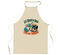 Planetee Tablier de Cuisine Le rock'n'roll c'est ma thérapie | Coton 90 × 60 cm Cou Ajustable Nouage dans le Dos | Pâtisserie Barbecue Atelier | Cadeau Homme Femme Fête des Pères
