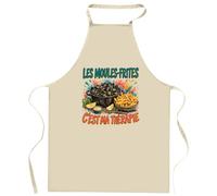 Planetee Tablier de Cuisine Les moules-frites c'est ma thérapie | Coton 90 × 60 cm Cou Ajustable Nouage dans le Dos | Pâtisserie Barbecue Atelier | Cadeau Homme Femme Fête des Pères