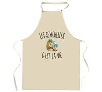 Planetee Tablier de Cuisine Les Seychelles c’est la vie | Coton 90 × 60 cm Cou Ajustable Nouage dans le Dos | Pâtisserie Barbecue Atelier | Cadeau Voyageur Voyageuse Homme Femme Fête des Pères