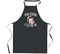 Planetee Tablier Noir Cochon C'est la Vie| Vêtement Blouse de protection pour Cuisine Barbecue, Jardinage, Tâches ménagères