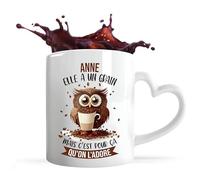 Planetee Tasse anse Coeur Anne Chouette Café | Mug avec anse en forme de Coeur | Idée Cadeau Humour Collègue Travail Famille Anniversaire Noël