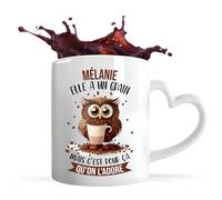 Planetee Tasse anse Coeur Mélanie Chouette Café | Mug avec anse en forme de Coeur | Idée Cadeau Humour Collègue Travail Famille Anniversaire Noël