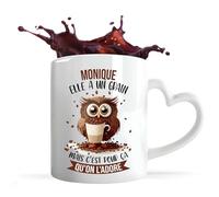 Planetee Tasse anse Coeur Monique Chouette Café | Mug avec anse en forme de Coeur | Idée Cadeau Humour Collègue Travail Famille Anniversaire Noël