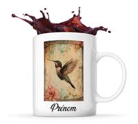 Planetee Tasse Colibri Prénom Personnalisable Rétro Colibri dans un Cadre Vintage, Couleurs Douces et Fond en Papier Vieilli avec Motifs Floraux Rétro. | Mug Original Customisable