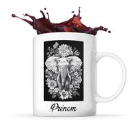Planetee Tasse éléphant Prénom Personnalisable Florale Éléphant Entouré d'un Motif Floral, Intégrant la Beauté Naturelle dans la Silhouette. | Mug Original Customisable