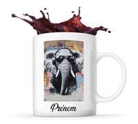 Planetee Tasse éléphant Prénom Personnalisable Graffiti Éléphant en Style Art Mural Graffiti Noir et Blanc avec Touches de Couleurs, Lunettes de Soleil et Casque Audio. | Mug Original Customisable