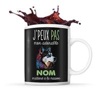 Planetee Tasse Husky de Sibérie Adorable m'attend à la maison Prénom Nom Personnalisable - Mug Café Thé Idée Cadeau Personnalisé Homme Femme Original pour Propriétaire de Chiot