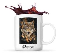 Planetee Tasse Loup Prénom Personnalisable Art Déco Loup Style Art Déco avec Lignes Géométriques Élégantes et Couleurs Métalliques, Fond en Marbre Texturé. | Mug Original Customisable