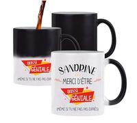 Planetee Tasse Magique Sandrine géniale sans faire exprès | Mug qui change couleur avec la chaleur | Idée Cadeau Humour Collègue Travail Famille Anniversaire Noël
